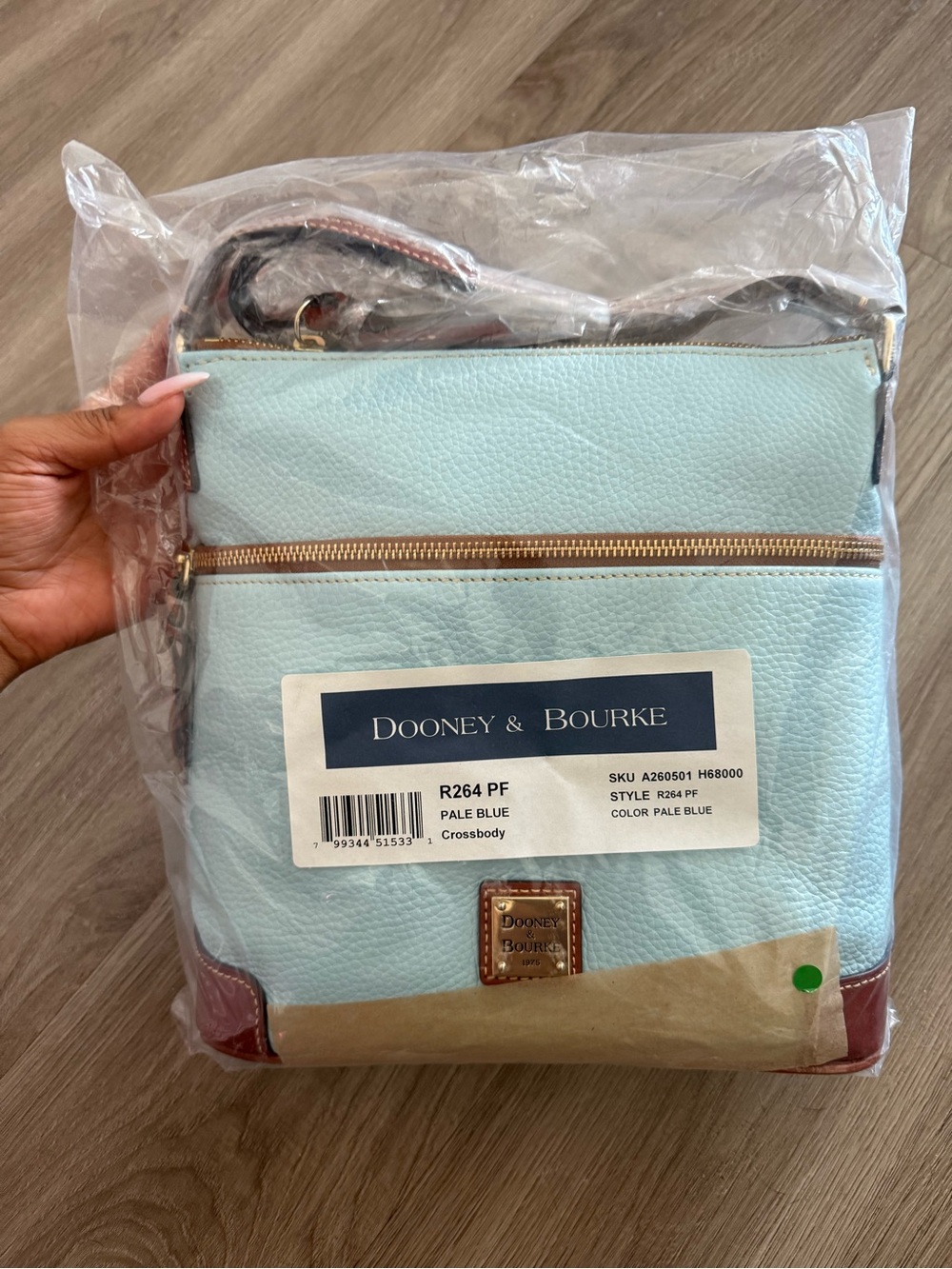 Dooney & Bourke Pale Blue Pebble Leather Crossbody with Brown Trim